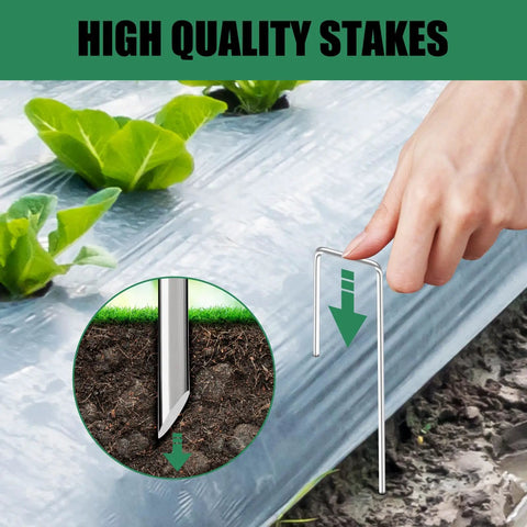Person installing Six Inch Landscape Staples Set Of Fifty Durable 11 Gauge Garden Stakes For Plant Support And Weed Barrier Fabric