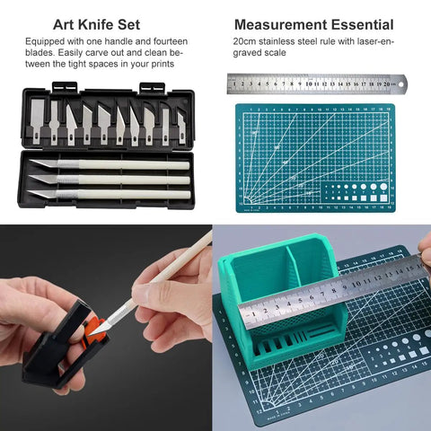 Goes Hard 82 Piece 3D Printer Tool Kit With Rugged Carry Case For Nozzle Sweeping Print Removal And No Sweat Daily Repairs Brushes Needles Cutter showing knife set and measuring tools.