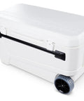 MaxCold Glide 110 Qt Insulated Rolling Cooler with soft ride wheels and horizontal telescoping handle, side view
