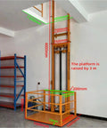 Side view of compact cargo elevator showing dimensions, for home and workshop with 500kg capacity, inter-floor lifts