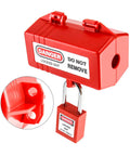 Heavy Duty Electrical Plug Lockout showcasing red lockout device with padlock for safety procedures, used for two or three prong plugs.