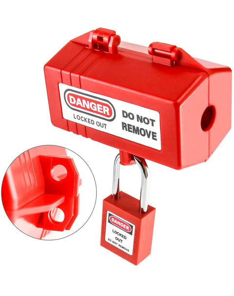 Heavy Duty Electrical Plug Lockout showcasing red lockout device with padlock for safety procedures, used for two or three prong plugs.