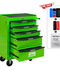 Heavy Duty 21 Inch Rolling Tool Cart With Lockable Steel Storage Cabinet And Slick Glide Ball Bearing Casters For Rapid Garage Workflow In Fresh Green, features drawers and tools.