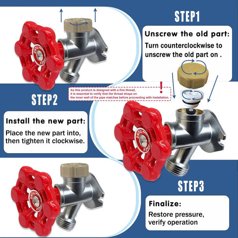 All In One Universal Outdoor Faucet Repair Kit With Teflon Tape Vacuum Breaker Replacement Anti Siphon Frost Free Hose Bib Sillcock Valve One Pack DIY Friendly Easy Install For Leaks And Low Water Flow installation steps illustration.