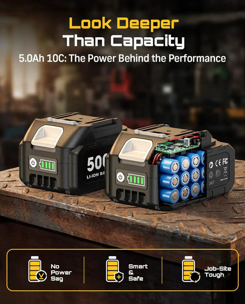 Heavy Duty Brushless Flathead Angle Grinder Kit With 21V Lithium Ion Muscle And Dual 5 Ah Packs showing 5Ah battery design and power specs.