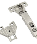 Two Pack Full Overlay Face Frame Soft Close Concealed European Cabinet Hinges, steel, showing hinge and mounting plate, for cupboards and closets.