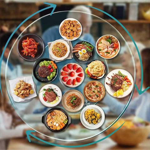 Extra Large Clear Glass Lazy Susan Turntable with assorted dishes, perfect for dining table centerpiece and effortless sharing.