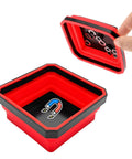 Must Have Collapsible Magnetic Parts Tray With Double Sided Magnetic Base Four Point Five Inch Silicone Bowls Foldable Organizer For Bolts Nuts Screws Pins And Washers Car Accessories Red, showing red silicone material and magnetic parts holder