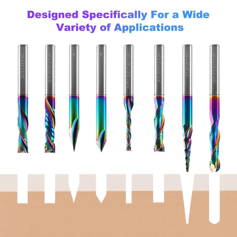 Eight Piece DLC Coated CNC Router Bit Set with 1/4 Inch Shanks Built for Woodworking Pros, displayed in a row.