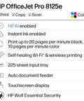 Specifications list for OfficeJet Pro 8125e Wireless All In One Color Inkjet Printer For Home Office With Scan Copy ADF And Duplex Printing AI Enabled Includes 3 Month Instant Ink Trial