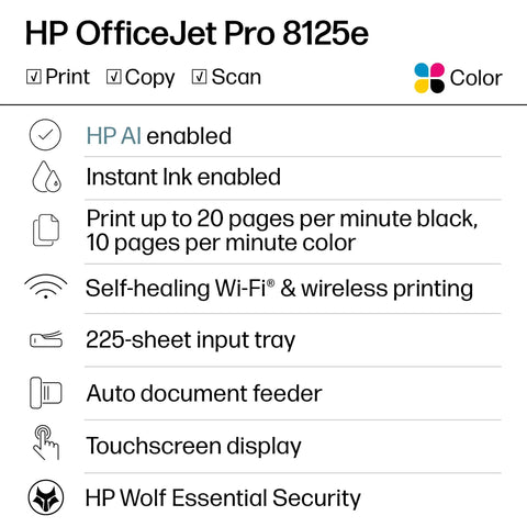 Specifications list for OfficeJet Pro 8125e Wireless All In One Color Inkjet Printer For Home Office With Scan Copy ADF And Duplex Printing AI Enabled Includes 3 Month Instant Ink Trial