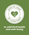 Logo highlighting over 150 years of commitment to wild bird health and well-being on green background.