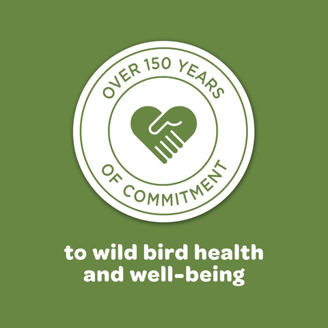 Logo highlighting over 150 years of commitment to wild bird health and well-being on green background.