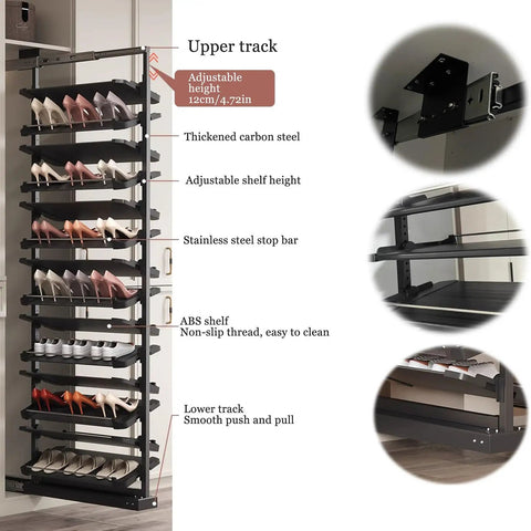 Heavy Duty Premium Adjustable Pull Out Shoe Rack with a tiered design, thickened carbon steel frame, showing adjustable shelves.