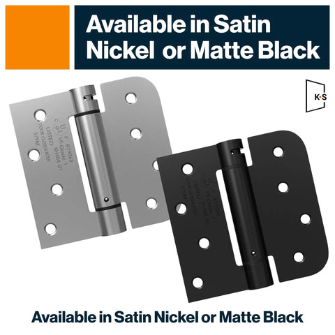 Matte Black Self Closing Door Hinges With Complete Installation Hardware 4 By 4 Inch Mount 1 Square And Five Eighths Inch Radius Corners 2 Pack Automatic Soft Close Built Tough For Home Doors shown in matte black and satin nickel finishes