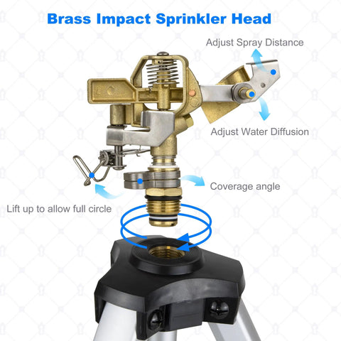 Brass impact sprinkler head with adjustable spray distance and water diffusion, part of Tripod Lawn Sprinklers Pack Of 2 Heavy Duty 360 Degree Coverage For Yard And Garden Adjustable Height Tripod With Sprinkler Head Nozzle And Three Quarter NH Inlet Hose Connection Easy Setup And Wide Irrigation Reach.