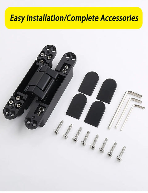 3 Pack Black Concealed Hinges For Invisible Secret Doors Heavy Duty Steel Hidden Hardware 180 Degree Adjustable set with screws and tools.