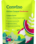 Compost Starter And Odor Reducer Pack That Converts Kitchen Scraps And Yard Waste Into Fertile Humus For All Composting Systems Stops Odors At The Source Includes Four Packets In One Easy No Fuss Package displayed in green package with illustrations.