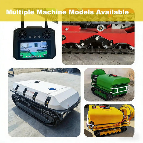 Multiple High Power Crawler Spraying Equipment Remote Control Tracked Sprayer Machine models with distinct colors and features.