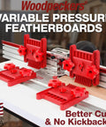 Rock Solid Variable Pressure Featherboard 2 Pack Adjustable Tension Control For Router Tables And Table Saws T Track Compatible with red featherboards and mounting on a table.