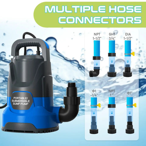 1HP Submersible Sump Pump 3700GPH Portable Electric Water Transfer Pump with multiple hose connectors, blue casing.