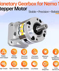 Ratio 10:1 Planetary Gearbox for Nema 17 Stepper Motor with visible input shaft and housing, displayed with features icons.