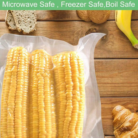 Gallon Size Vacuum Sealer Bags 11x16 100 Count BPA Free Food Storage For Clamp Style Machines with corn sealed inside