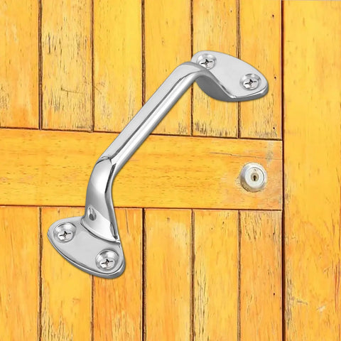 Rock Solid 6Inch Stainless Steel Bath Grab Bar Shower Safety Handles Heavy Duty Non Slip Handrails For Seniors Accessible Bathrooms Yacht Boat And Stairway Installation Durable Stainless Steel 2PCS mounted on wooden wall.