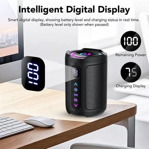 Portable Bluetooth Speaker With LED Light, Outdoor Waterproof Speaker For Travel, Sports And Parties on desk with digital display