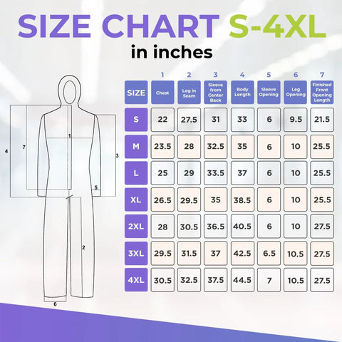 Size chart for Microporous Disposable Coveralls with Hood for Men and Women Size X Large Pack of 5