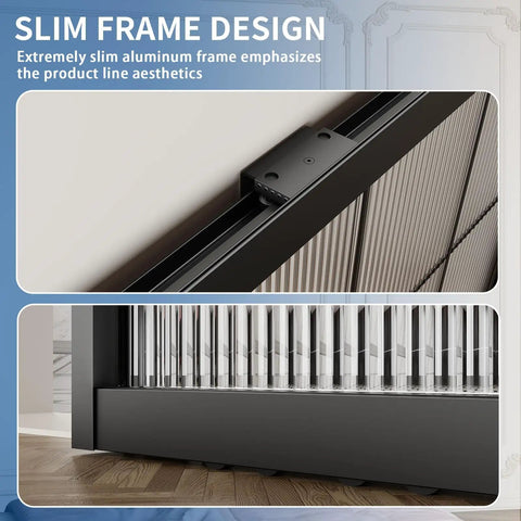 Hardcore Interior Sliding Barn Door Featuring Textured Reeded Glass Panels And Matte Black Frame Hidden Wall Track Kit Saves Wall Space And Moves Like Butter In Any Room Setup, close-up of slim aluminum frame design.