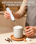 Person using Two Pack Handheld Milk Frother With Stand For Lattes Cappuccinos Matcha And Hot Chocolate Go To Valentines Day Gift