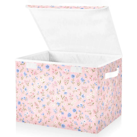 Game Changing Foldable Storage Bin With Ergonomic Handles And Lock Down Lid For Bedroom Organization Heavy Duty Collapsible Organizer Box with floral design.