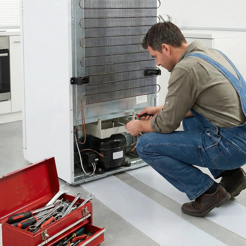 Man using Heavy Duty Appliance Sliders With Reinforced Pull Straps For Absolute No Sweat Fridge Moves on a refrigerator.