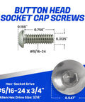 Heavy Duty Button Head Socket Cap Screws 5/16-24 By 3/4 Inch 10 Pack Premium 188 Stainless Steel close-up dimensions and design details.