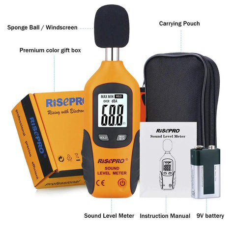 Digital Sound Level Meter With Backlight 30-130 dB Range Data Hold MAX/MIN Auto Power Off Dual Ranges HT-80A with accessories