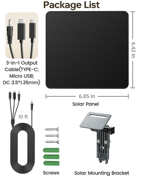 Package details showing Heavy Duty Solar Panel Charger For Trail Cameras With A Spare 5000mAh Power Cell and accessories.