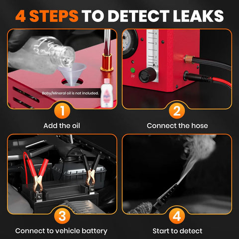 4-step process for using Ultimate Car Smoke Machine With Powerful Air Pump To Hunt Down Stubborn Evap And Vacuum Leaks In Intake Turbo Exhaust Systems Fast And Accurate Auto Repair Tool.