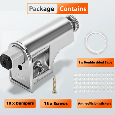 10 Piece Soft Close Cabinet Dampers For Doors And Drawers Smooth As Butter Cushioning Buffer Kit showing dampers, screws, tape, and stickers.