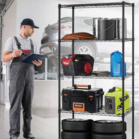 Heavy Duty Steel Wire Storage Shelving For Garage And Kitchen, 5 Shelf Adjustable Rack With 1250 Lb Capacity, No Sweat Assembly Organizer In Black with tools