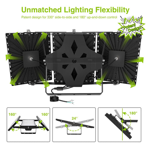 Heavy Duty 600W Led Flood Light Outdoor Kickin 60000 Lumens 6000K Daylight showing 3 adjustable heads for precise lighting angle.