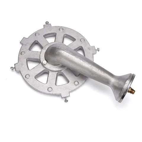 Top Shelf Solid Brass Gas Orifice Connector Plus Quick Swap Air Shutter With Tight Coil Spring For Bayou Classic BG14 Burner and Everyday Propane Grill Setup showing a silver metallic connector.