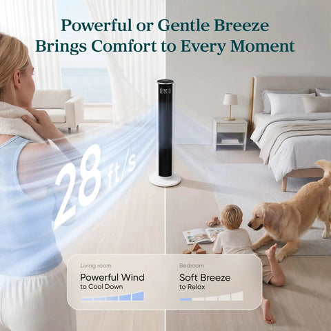 Ultra Quiet Tower Fan For Bedroom That Blows Fresh Cold Air With Rapid 28 Ft S Airflow and Wide Oscillation in living room.