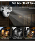4-Lens Wireless IP Camera 20MP Quad-Split View Boasts Badass Clarity To Your Fortress With 12X Optical Zoom 360 Panning Tilting For Total Oversight WiFi Alerts Strike Hard While Quad Screens Send Feeds Zero Slipping By In Loaded Security Rig showcasing colorful night vision feature with security camera mounted on wall.