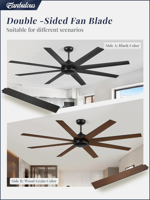 Double-sided fan blade with black and wood grain options for 72 Inch Black Ceiling Fan No Light With Remote, 6 Speeds, Quiet Reversible DC Motor.