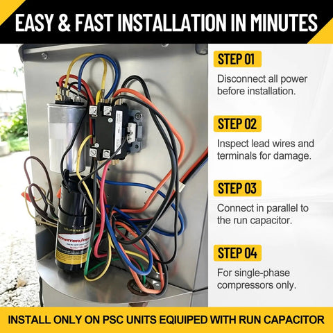 Installation instructions for Heavy Duty Hard Start Capacitor Kit For Air Conditioners 115V To 288VAC with visible wires and connections.