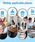 Image showing four use cases for a product: home with family, school with studying student, bank with teller, and office with paperwork.