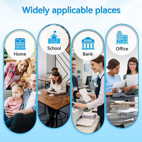 Image showing four use cases for a product: home with family, school with studying student, bank with teller, and office with paperwork.