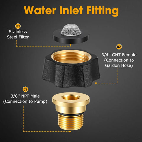 Exploded view of Brass and Anodized Aluminum Pressure Washer Water Inlet Fitting with 3/8 NPT Male to 3/4 GHT Female Adapter.