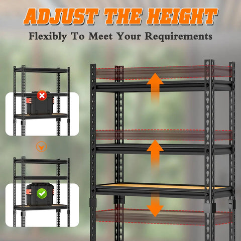 Adjustable height feature of Heavy Duty Storage Shelving Unit, 5 Tier Metal Rack For Kitchen And Garage, showing flexible shelf placement.